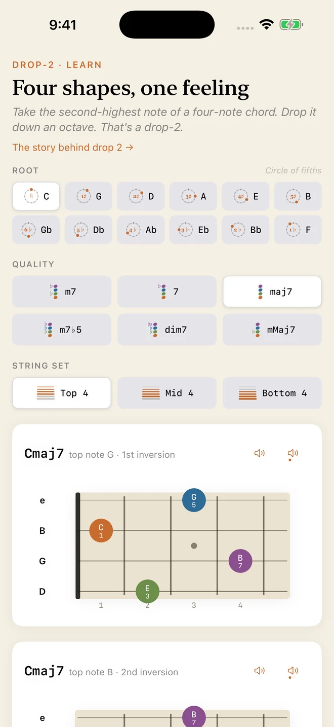 The drop-2 trainer in Learn mode: root, quality, and string-set pickers above fretboard diagrams of Cmaj7 inversions.