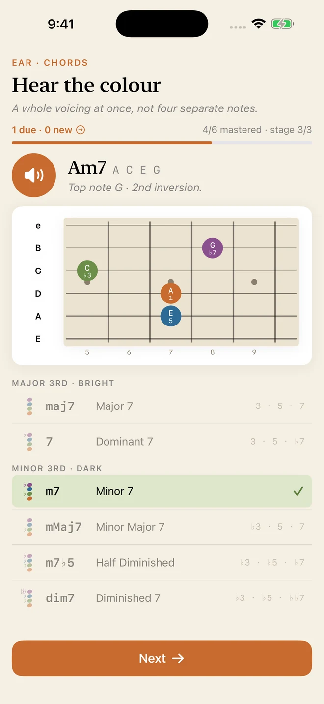 The ear trainer plays an Am7 and shows it as a drop-2 voicing on the neck; the answer list of six chord qualities has Minor 7 ticked.
