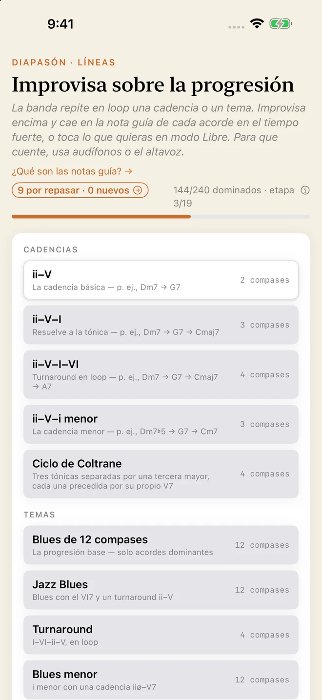 El módulo Líneas enumera progresiones y temas sobre los cuales improvisar — el ii–V, el ii–V–i menor, el ciclo de Coltrane, un jazz blues — cada uno con su número de compases.