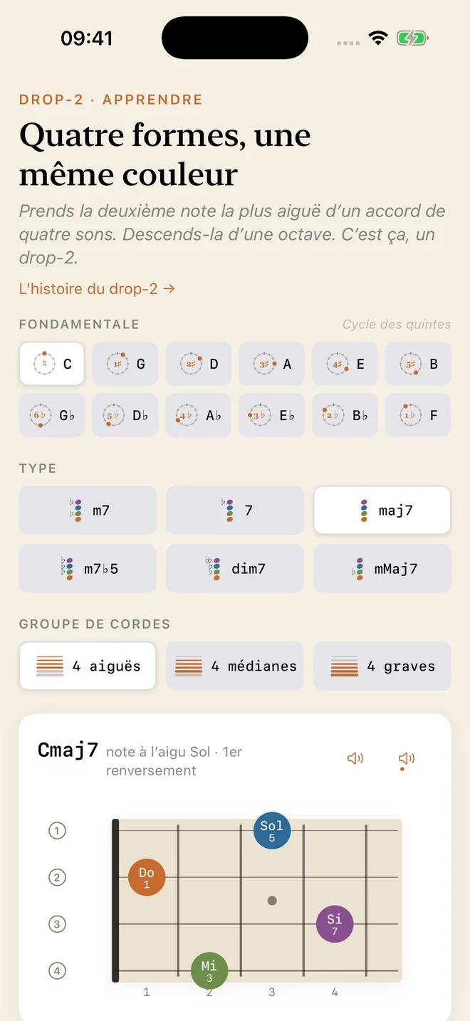 Le module Drop-2 en mode Apprendre : sélecteurs de fondamentale, de type et de groupe de cordes au-dessus des diagrammes de manche des renversements de Cmaj7.