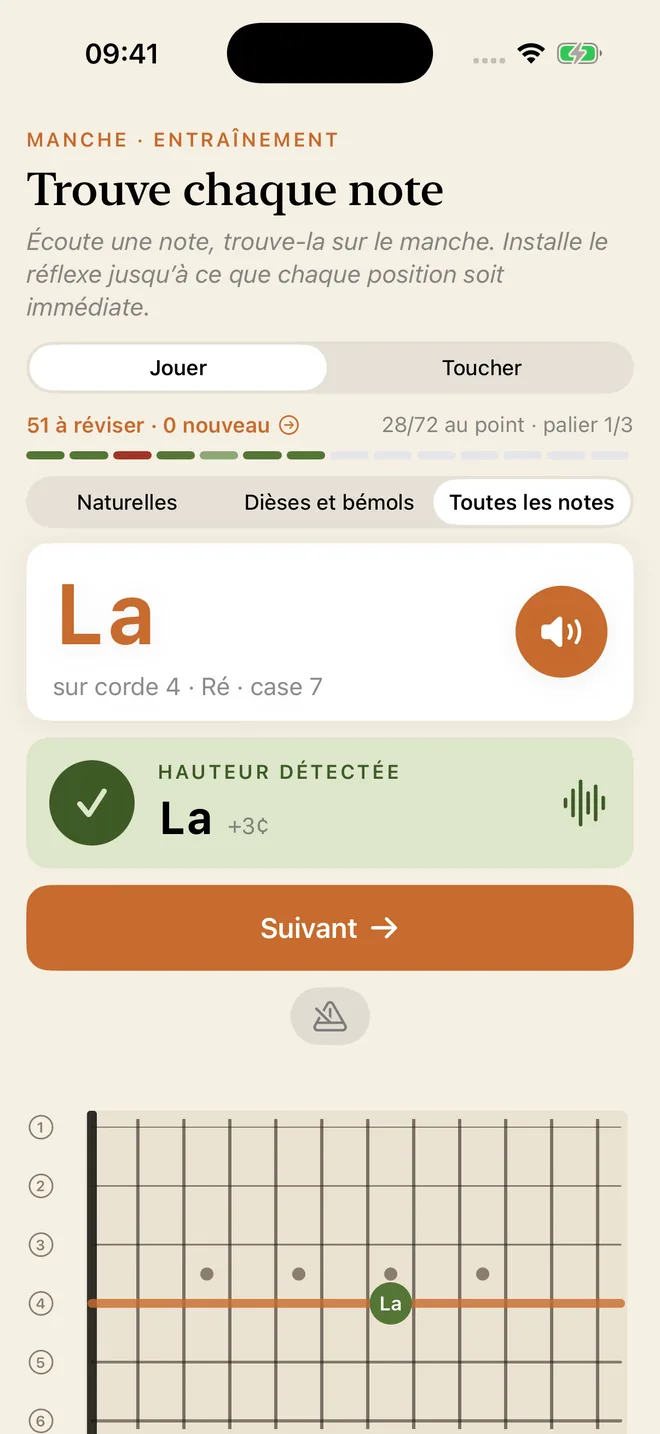 Le module manche demande un La sur la corde 4, confirme la hauteur entendue — correcte, trois cents trop haut — et marque la note sur un diagramme de manche.