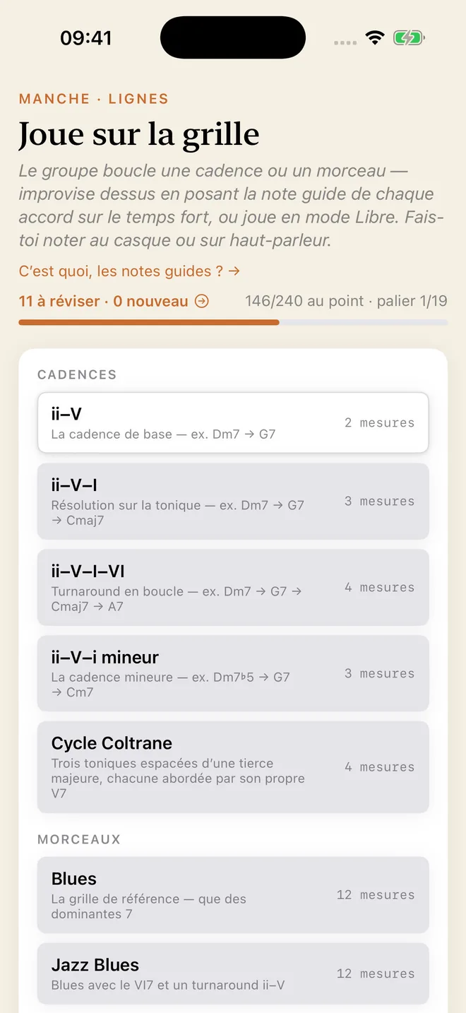 Le module Lignes liste les cadences et les morceaux sur lesquels improviser — le ii–V, le ii–V–i mineur, le cycle Coltrane, un jazz blues — chacun avec son nombre de mesures.