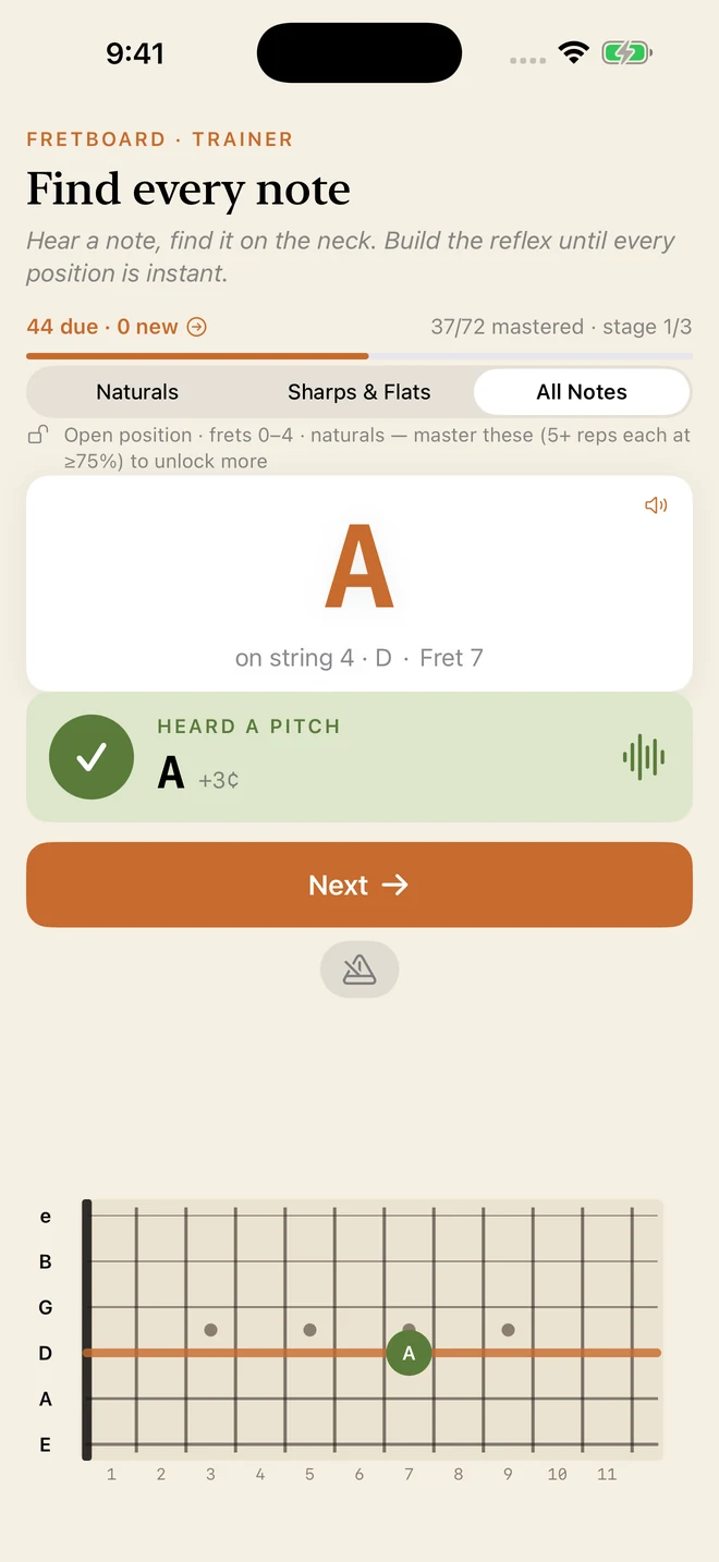 The fretboard trainer asks for an A on the D string, confirms the pitch it heard — correct, three cents sharp — and marks the note on a fretboard diagram.