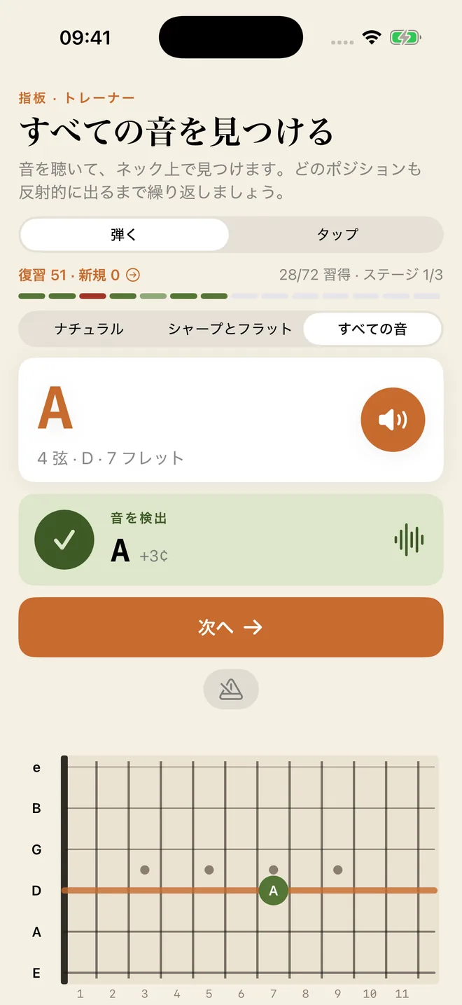 指板トレーナーがD弦のAを出題し、拾ったピッチを「正解、3セント高め」と示して、指板の図の上にその音を記しています。