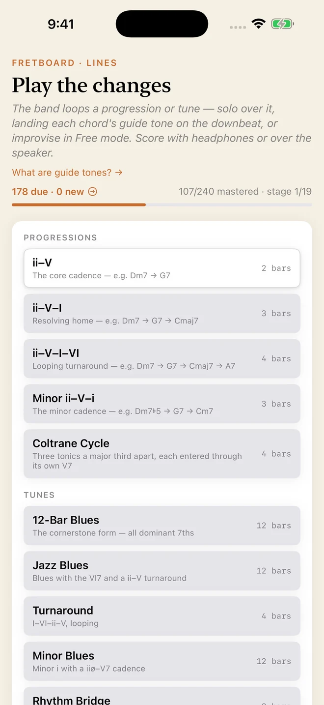 The Lines trainer lists progressions and tunes to solo over — the ii–V, the minor ii–V–i, the Coltrane cycle, a jazz blues — each with its bar count.